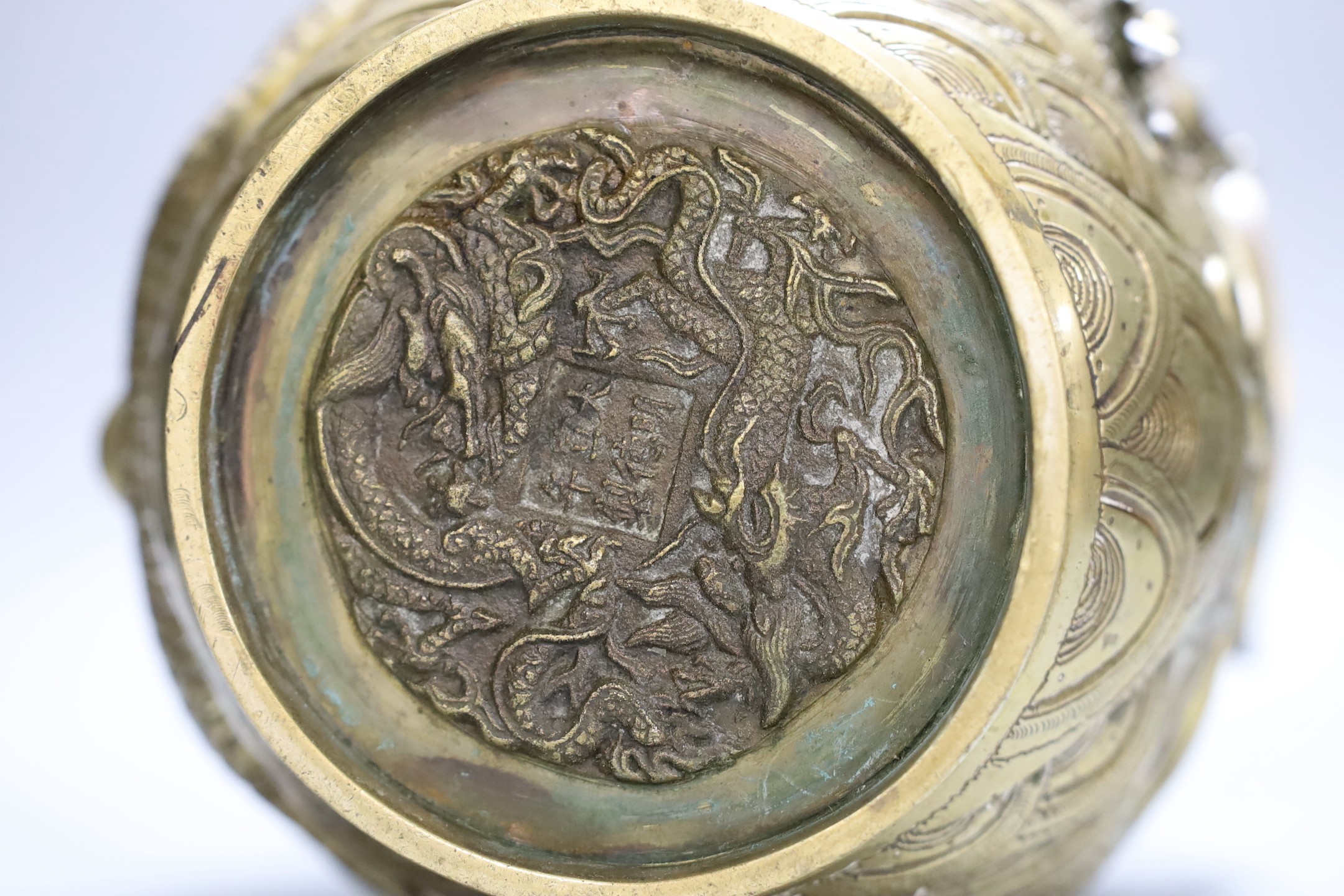 An early 20th century Chinese cast and engraved bronze vase, 42cm